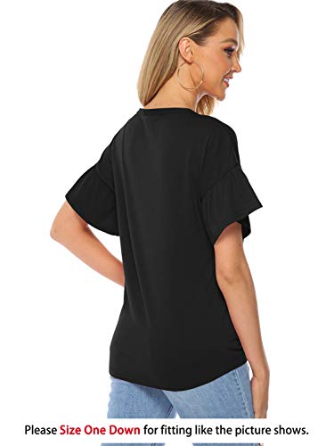 Florboom V-Neck Tunic Blouse for Summer Womens Tie Front Knot Tee (Black, XXL)