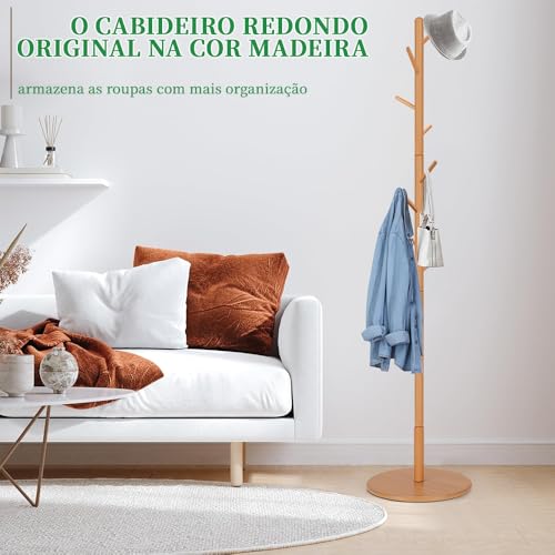 Cabideiro Madeira Vertica Chão, Anque Inclinado de 45°, Cabideiro de Chão, Desmontável Ee Leve 8 Ganchos 172cm Altura