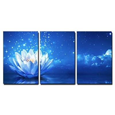 3 Piece Canvas Wall Art - Lotus Flower Floating on Water by Moonlight - Modern Home Art Stretched and Framed Ready to Hang - 24
