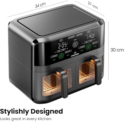 CHEFMAN 5.6L Dual Air Fryer Oven, Dishwasher Safe Frying Baskets, Double Air Fryer with Sync Finish, Hi-Fry, Auto Shutoff and Easy View Windows, Black