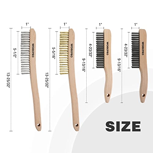 WORKPRO Wire Brush Set, 4Pcs Brass/Stainless/Carbon Steel Bristles Wire Scratch Brushes with Long Curved Beechwood Handle for Rust, Dirt & Paint Scrubbing with Deep Cleaning