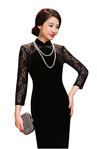 Angcoco Womens 3/4 Sleeve Below Knee Side Slit Cheongsam Dress for Prom Party