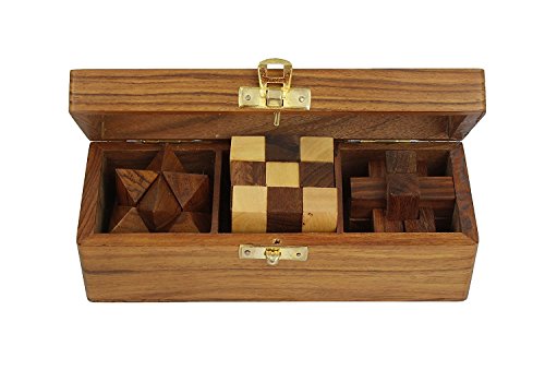 Indian Glance 3D Puzzles for Kids| Adults | Teens | Boys | Girls | Fun- Includes Wood Interlocking Blocks, Diagonal Burr, and Snake Cube in Storage Box - Wooden Puzzle Games Set