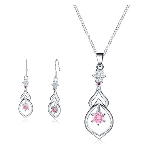 Jewelry Set â€“ Pink Teardrop Necklace Pendant Earrings for Women Mom Teen Girls - Fashion Prime Gift 18K Gold Plated