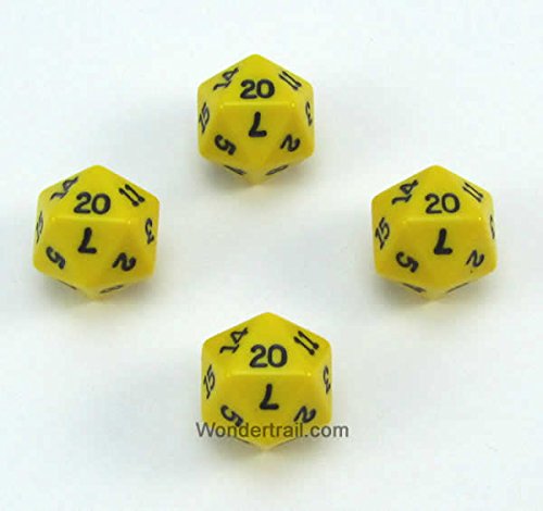 WKP02821E4 Yellow Opaque Dice with Black Numbers D20 16mm (5/8in) Pack of 4 Dice Koplow Games