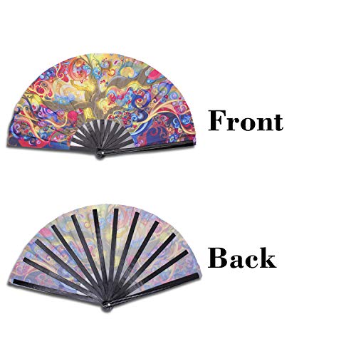 SYNTECSO Folding Hand Fan for Rave, Large Bamboo Fan for Women and Men Gift，Chinese Japanese Clack Fan for Parties, Music Festivals, Drag Race and Decoration (Trippy Tree) - Thumbnail 3