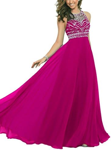 Sweet Bridal Women's Beaded Long Halter Chiffon Prom Dress Evening Gowns Fuschia US12
