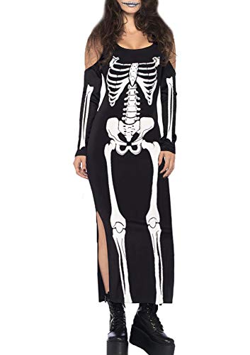 For G and PL Halloween Womens Bodycon Skeleton Party Costume Sexy Cold Shoulder Maxi Dress Skull Black M