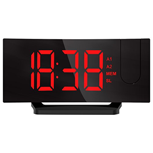 Atmoko [Update Version Projection Clock, [Curved-Screen] Digital Alarm Clock, FM Clock Radio with USB Charging, Dual Alarm, 5'' LED Display Projected Time on Ceiling, Battery Backup, Red - Thumbnail 2