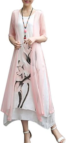 BubbleKiss Women Mori Girl Style Round Neck Asymmetric Hem Color Block Floral Printed Cotton/Linen Two-Piece Maxi Dress