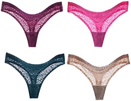 Erjing 4 Pack Sexy Seamless Thong Panties Transparent Lace Women's G-String Underwear