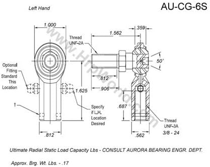 Aurora Bearing Company CG-6S; 3/8"-24 Stud - RH / Rod End Thread - LH