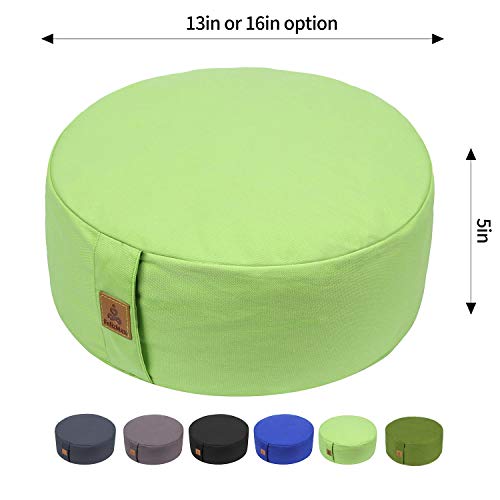FelizMax Zafu Buckwheat Meditation Cushion, Round zabuton Meditation Pillow, Yoga Bolster, Floor Pouf, Zippered Organic Cotton Cover, Machine Washable – Light Green 13″x13″x5″