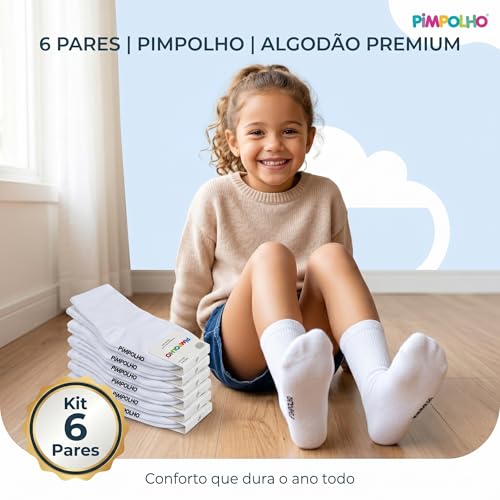 Kit Meia Pimpolho Bebe Infantil Kit com 6 Pares de Meias Lisas Branca, Tamanho 21-25, Algodão, Tamanho 1 a 3 anos Premium