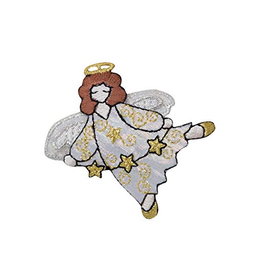 Angel with Halo - 3 Stars - 3D Wings - White/Gold - Iron On Applique/Embroidered Patch