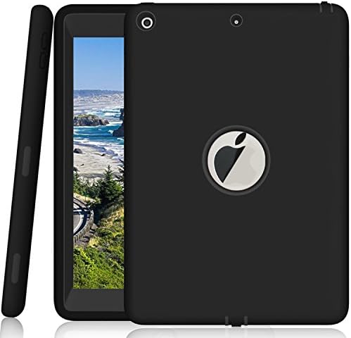 New iPad 2017 9.7 inch Case, Qelus Heavy Duty Rugged Shockproof Three Layer Armor Defender Impact Resistant Protective Case Cover for Apple New iPad 9.7 Inch (2017 Version)-Black/Black