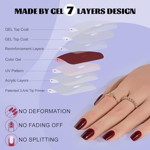 Press On Nails Short - Jofay Fashion Acrylic Press On Nails Red, Square Glue On Nails with Nail Glue, Fit Perfectly & Natural Stick On Nails in 12 Sizes - 24PCS Soft Gel Fake Nails Kit, Wine Red - Image 3