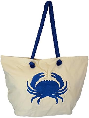 Crab Embroidered Patch Large Shopping Beach Tote Bag - Rope Handles ... (Blue)