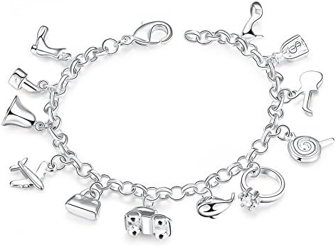 “Girl’s Dreams”Silver Chain Bracelet High-Heeled Shoe Handbag Car Ring Lollipop Dolphin Dangling Charms