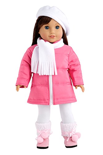 Parisian Adventure - 5 piece outfit - pink coat, white beret, scarf, leggings and pink boots - 18 inch Doll Clothes (doll not included)
