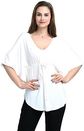 Yagoor Women's V-neck Casual Loose Fit Tunic Shirt with Drawstring Detail Tailored Batwing Short Sleeve Blouse Top creme m