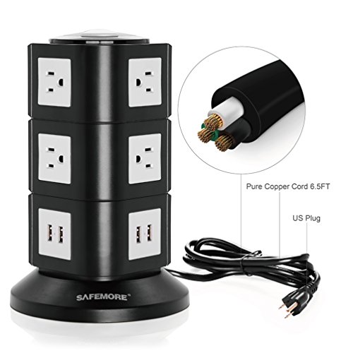 Safemore Surge Protector Power Strip 10-Outlet with 4-USB Multiple Outlets Tower Socket 6.5ft Long Cord 3 Prong Plug Universal Charging Station for Office (Black and White) - Thumbnail 3