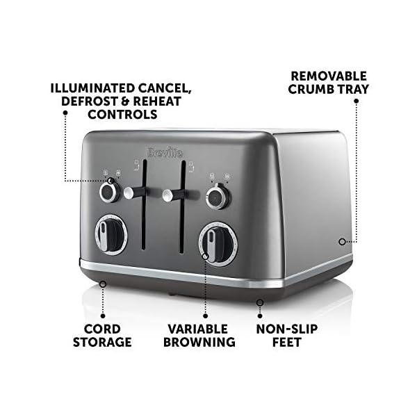 Breville Lustra 4-Slice Toaster with High Lift, Wide Slots and Independent 2-Slice Controls, Storm Grey [VTT853]