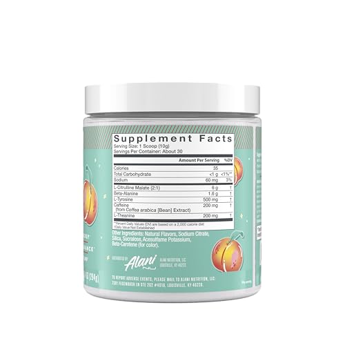 ALANI NU PRE WORKOUT POWDER JUICY PEACH, AMINO ENERGY BOOST, ENDURANCE SUPPLEMENT, SUGAR FREE, 200MG CAFFEINE, L-THEANINE, BETA-ALANINE, CITRULLINE, 30 SERVINGS