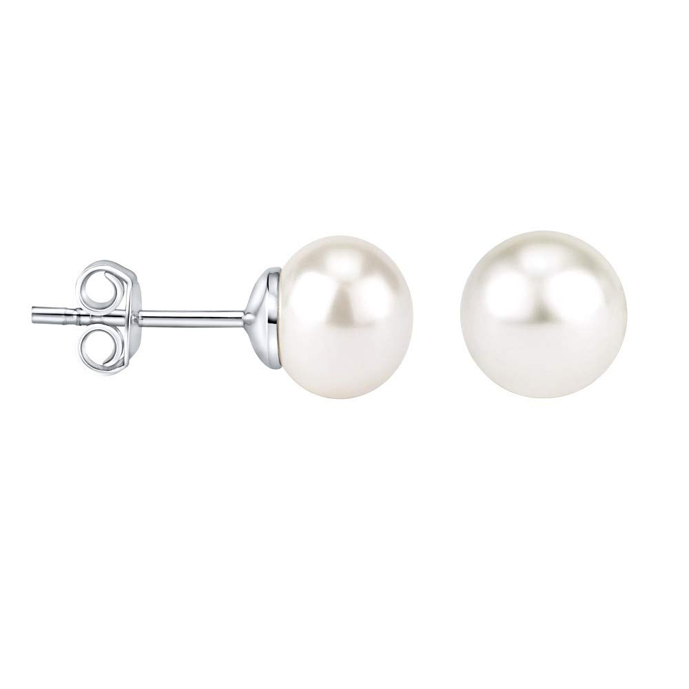 SILVEGO Women 925 Sterling Silver Earrings with White Natural Pearl 6 mm Stud Earrings