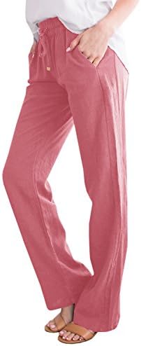 Geckatte Womens Casual Linen Pants Comfy Elastic Waist Drawstring Loose Long Pants with Pockets