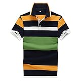 Yete Men's Collared Button Striped Polo Short-Sleeve Plain Shirt