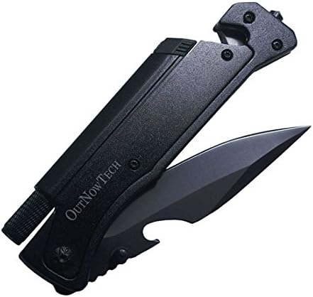 OutNowTech VANTAGE Multi-Purpose Folding Pocket Knife (Black, Left-handed) with Magnesium Fire Starter, Belt Cutter &amp; LED Light - Best Survival Knife for Hikers &amp; Campers