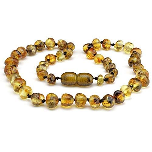 Baby J's - Light Green Amber Necklace - 100% Baltic Amber & Semi-Precious Stones - Knotted to Prevent Scattering - With Gift Pouch and Certificate of Authenticity - 32cm