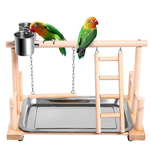 SAWMONG Bird Playgroud Parrots Wood Perch Playstand Gym Stand Playpen Ladder with Feeder Seed Cups, Bird Ropes, Toys Exercise Play for Cockatiels, Conures, Parakeets, Finch Small Animals