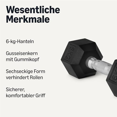 Hantel-Set, mit Gummibeschichtung, sechseckig, 6 kg, Schwarz