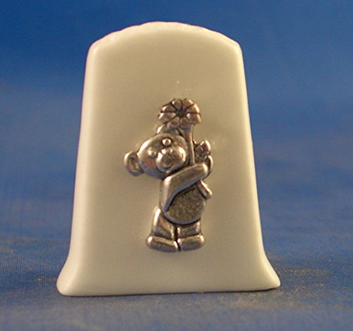 Porcelain China Collectable Thimble -- Antique Silver Teddy Bear with Free Gift Box