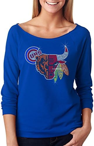 bling rhinestone ''Chicago Teams" Fitted Next Level Terry Raw Edge 3/4 Sleeve Raglan .ndk2163