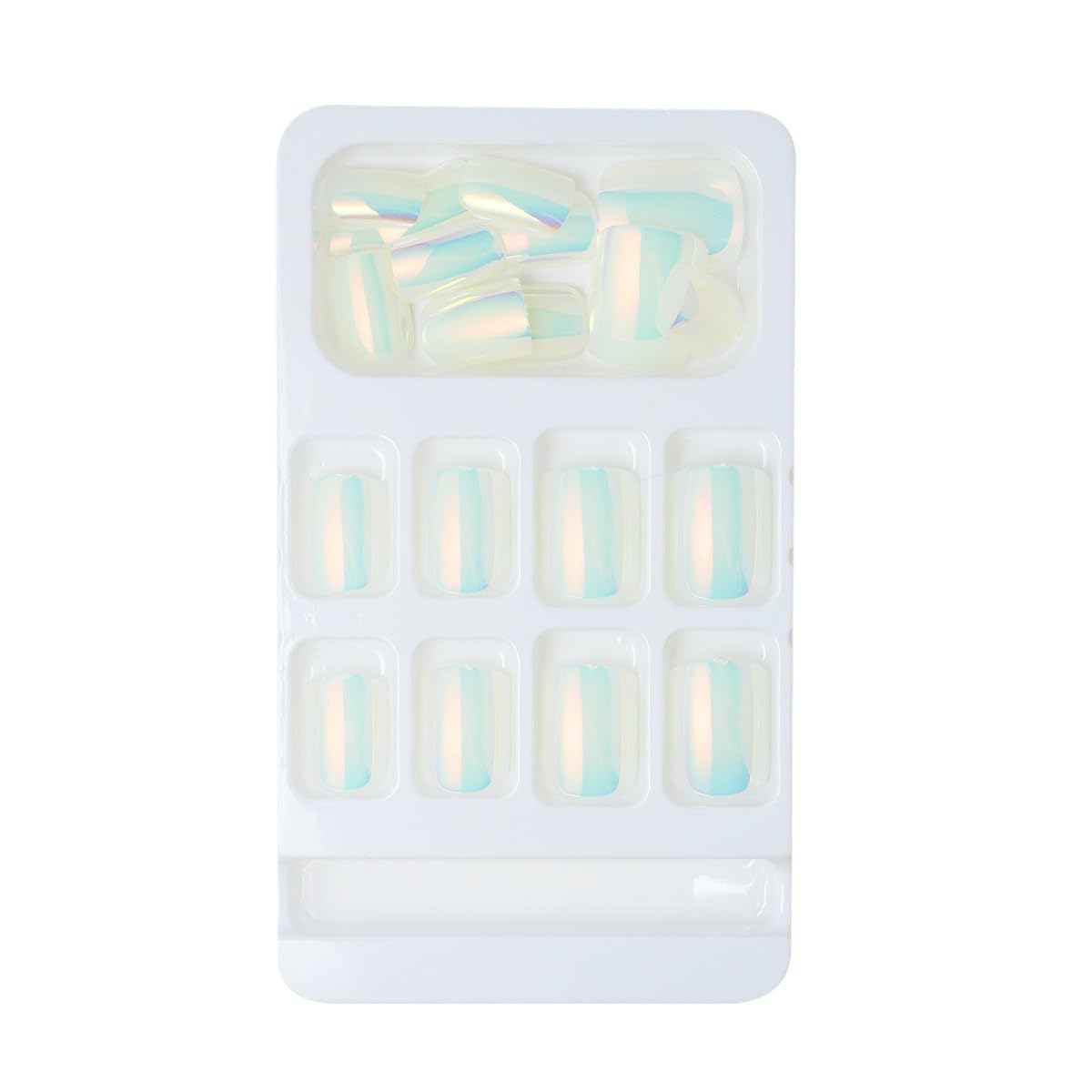 White Press on Nails Short Square Fake Nails Aurora Chrome False Nails with Designs Solid Mirror Pearl White Flash Acrylic Nails Glue on Nails Full Cover Stick on Nails for Women 24 Pcs - Image 5