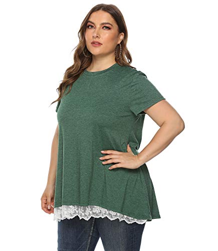 Weilim Women\'s Plus Size XL-4XL Lace Short Sleeve Tunic Tops Casual Round Neck Top Blouses Green 14 Plus