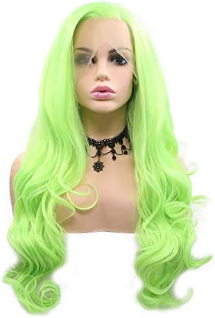 YinuozhogntianHeat Resistant Women's Cosplay Party Hairstyle Fluorescent Green Bright Color Synthetic Lace Front Wigs For Drag Queen Natural Hairline Body Wave Fashion Long Hair Glueless Cap 24"