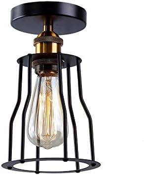Herogen Vintage Mini size Semi Flush Mount Ceiling Light Fixture with Geometric Cage Lampshade ,1 Head E27 Lamp Ceramics Holder