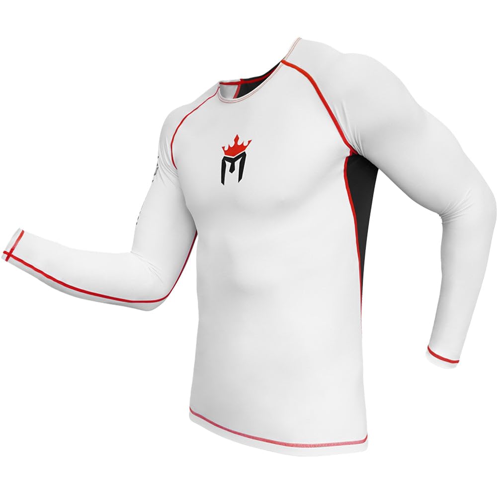 Meister Rush Premium Long-Sleeve Rash Guard for MMA, BJJ & Diving - White/Red - Large