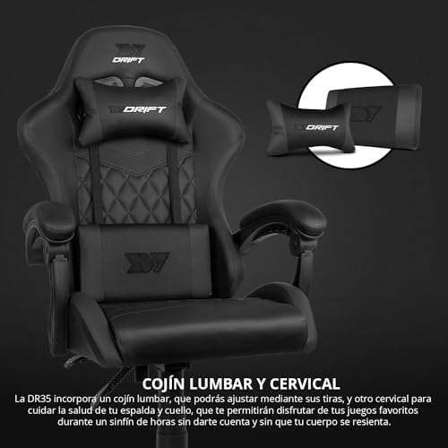 Drift gaming dr35 - cadeira profissional, couro sintético, apoios de braços acolchoados, pistão classe 3, base de nylon reforçada, assento giratório, altura ajustável, almofada lombar/cervical, cor preta