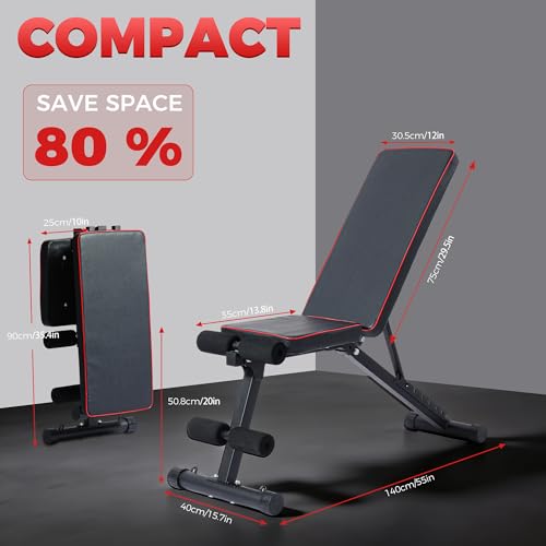 Adjustable Weight Bench, Full Body Workout Strength Training Bench Press Foldable Incline Decline Bench Sit Up Exercise Equipment for Home Gym with Dual Bands