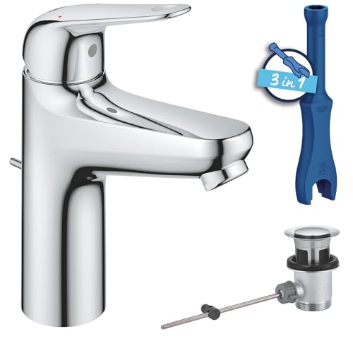 GROHE Swift, Waschtischarmatur, wassersparend (Wasserhahn für das Bad, Badarmatur mit Zugstangen-Ablauf, 18cm hoch, mit 3in1 Werkzeug, einfache Installation am Waschbecken), chrom, 24325001