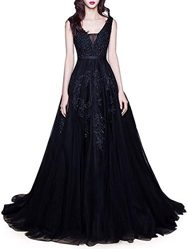 Women V Neck Cap Sleeve Long Applique Sequins Tulle Evening Dress Black 8