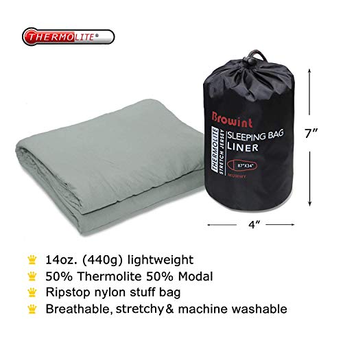 Browint Thermolite Travel Sheet with Double Zippers, 87"x42" Extra Large Sleep Sack for Hotel, Rectangular with Pillow Pocket & Mummy Sleeping Bag Liner for Camping; Breathable Stretchy Thermal Liner
