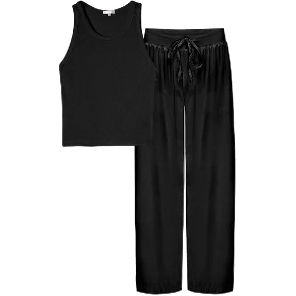 PJ Harlow Women's Charlie/Jolie Pajama Set | Supima Cotton Tank & Rayon Satin Pants