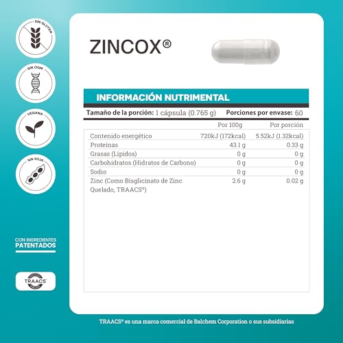 Matter Zincox, Suplementos Alimenticios de Zinc Bisglicinato Quelato TRAACS® con L-Lisina, Apoya la Protección Celular, Vitalidad y Bienestar Integral, 60 Cápsulas Vegetales
