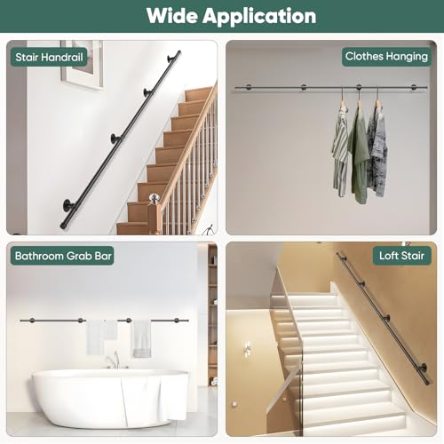 Couleeur Indoor and Outdoor Stair Railings, Wall Mount Stairs Railing for Elderly Disabled Stairs Steps Handrail Galvanized Industrial Non-Slip Handrail (2.5 M)